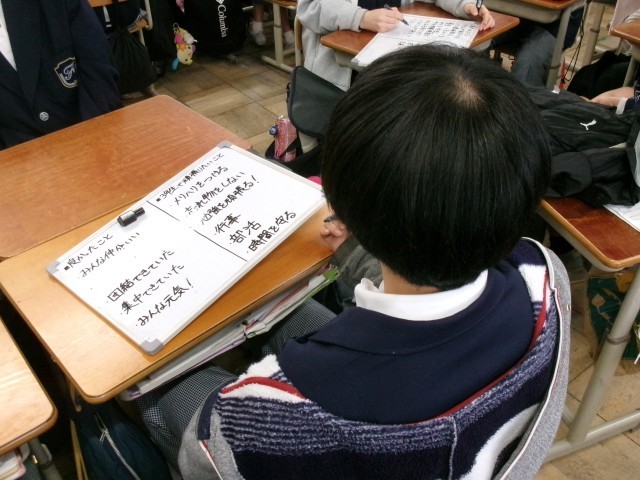 話し合ったことを書き出す生徒